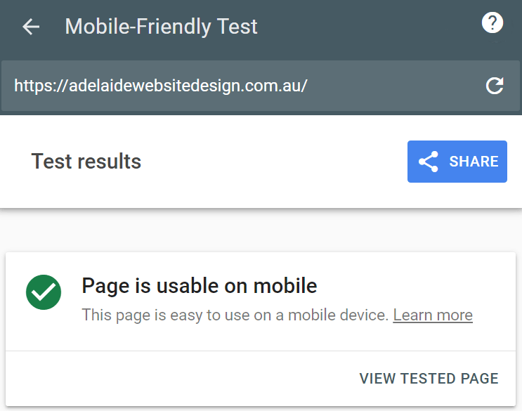 Mobile friendly test result. Adelaide Wordpress Developer.
